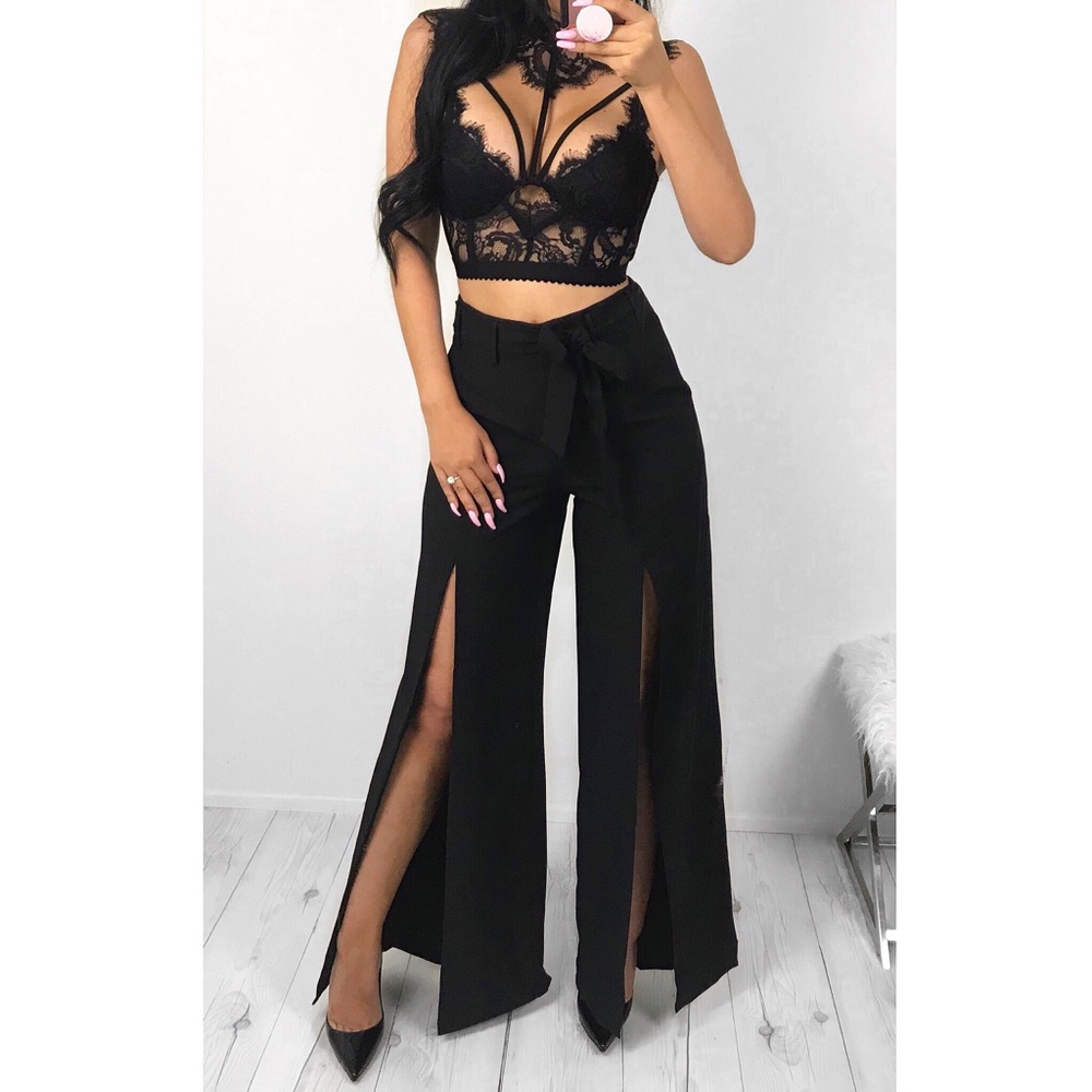 Black High waist slit leg, tie belt pants